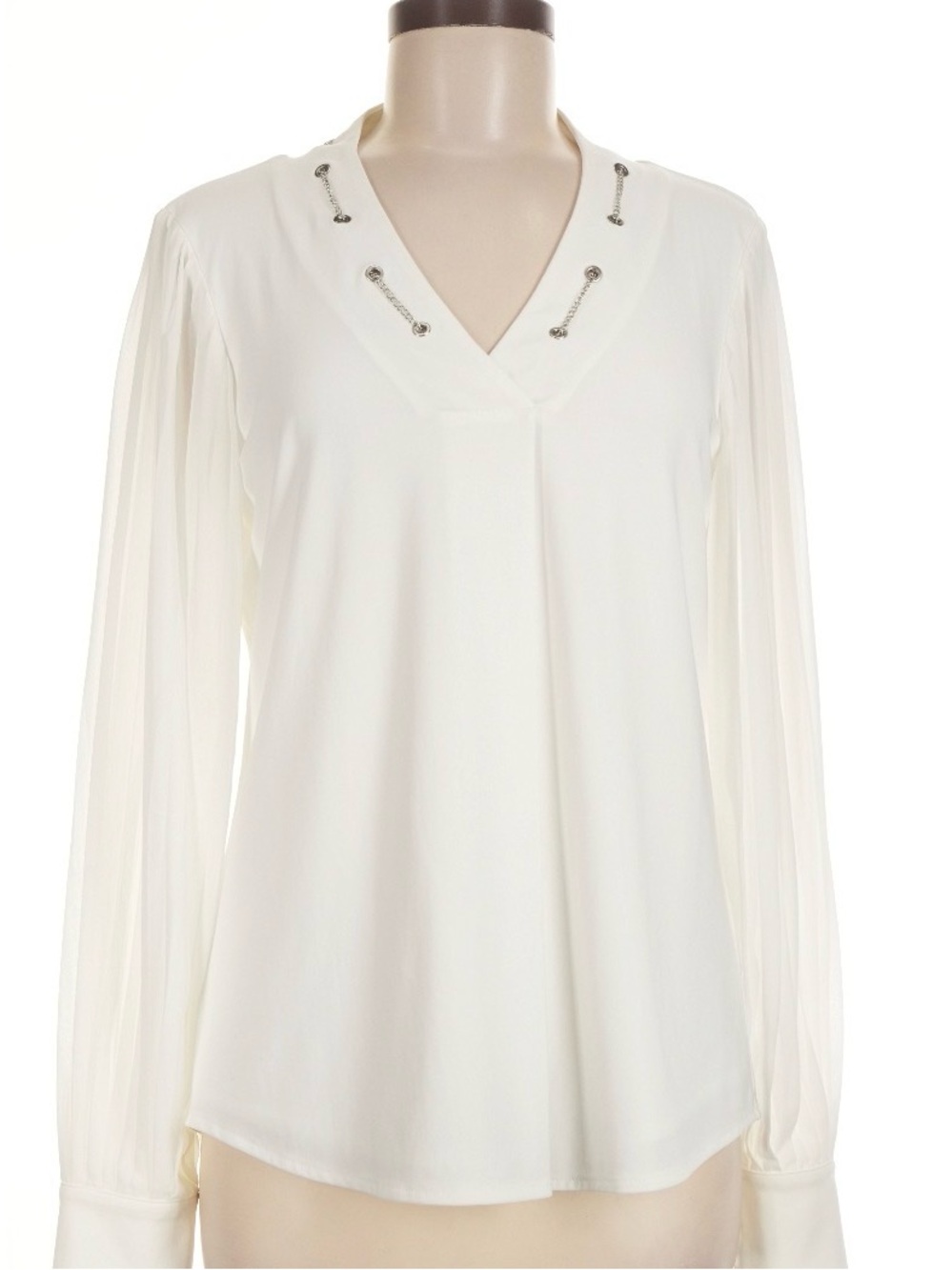 White House Black Market Ivory V-Neck Blouse with Metal Eyelet Trim